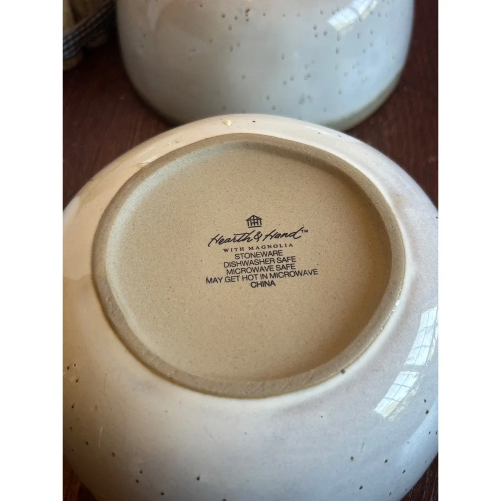 Hearth & Hand with Magnolia Stoneware Cereal Bowls Cream Brown Rim Set of 4